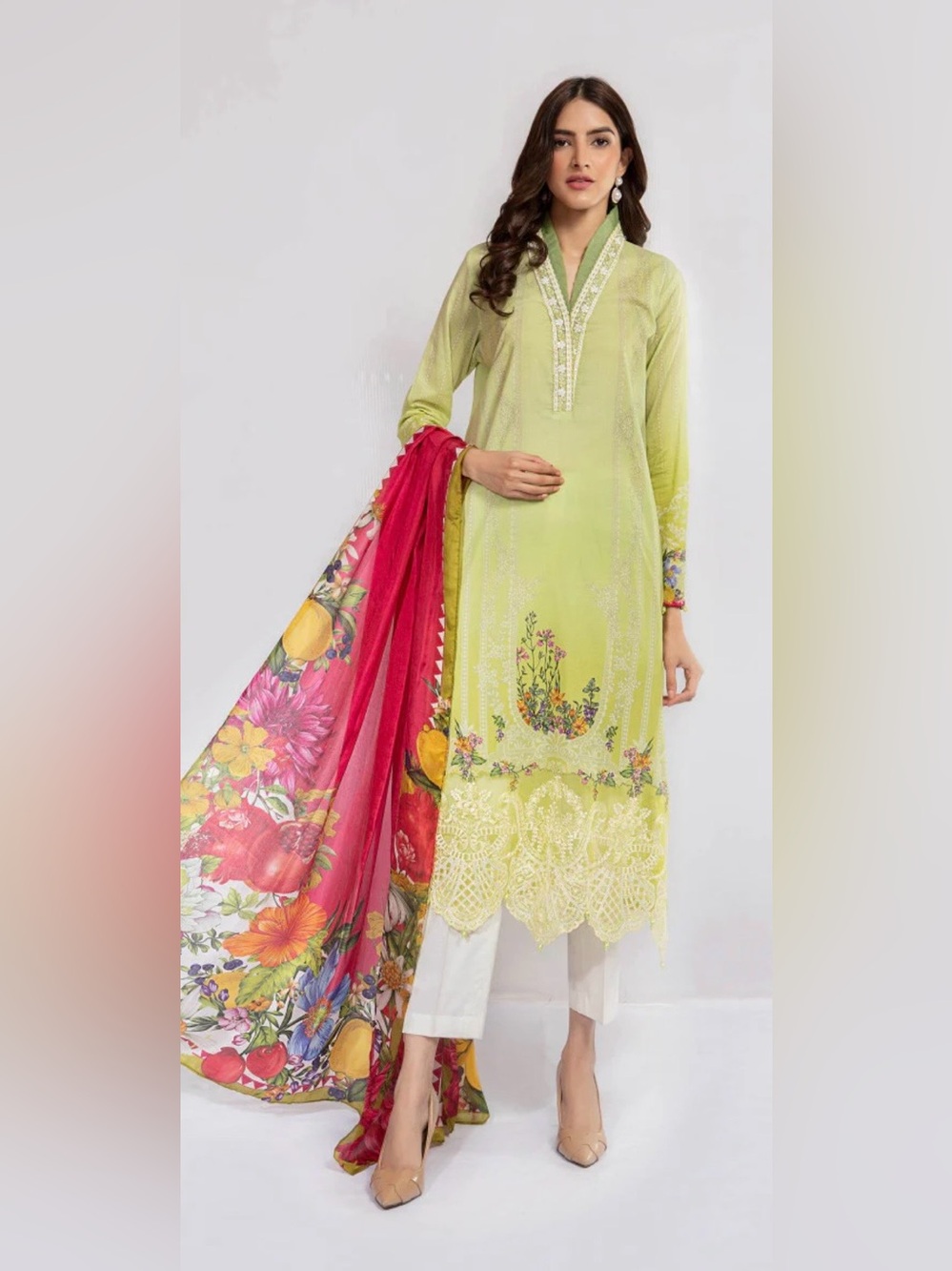 MARIAB  Lime Green Lawn Kameez & Floral Dupatta Set [M] 2 piece only (not 3)